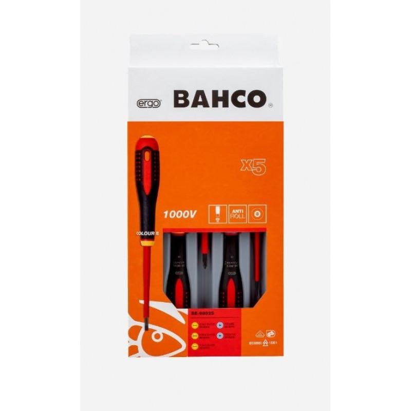 Набір ізольованих викруток Bahco ERGO, 5 предметів, для шліцованих гвинтів та гвинтів Pozidriv [BE-9882S]
