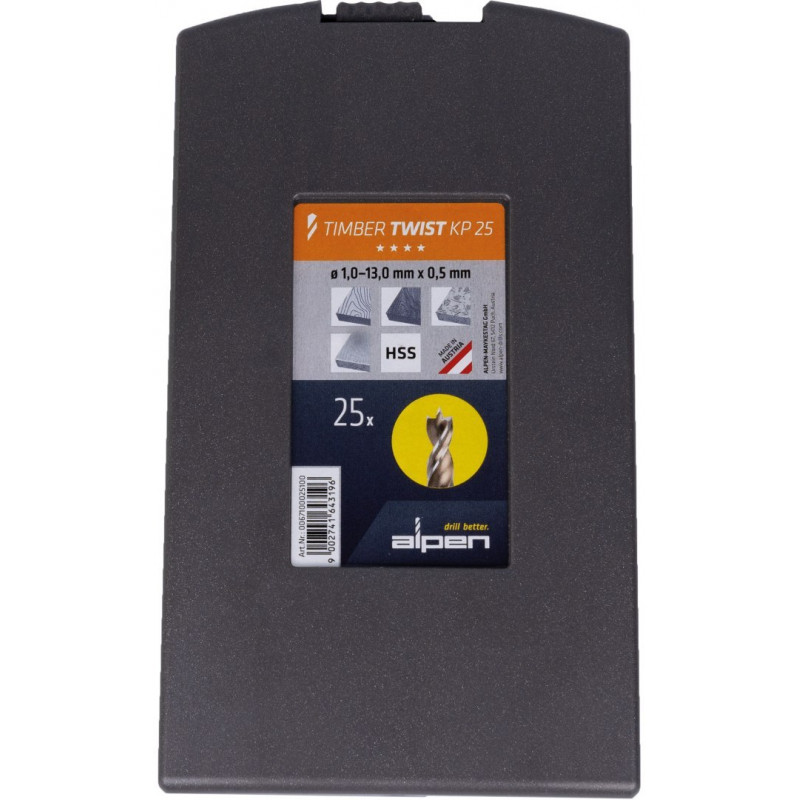 Набор из 25 сверл HSS для дерева 1-13 мм, Timber Twist Alpen KP 25 [0067100025100]