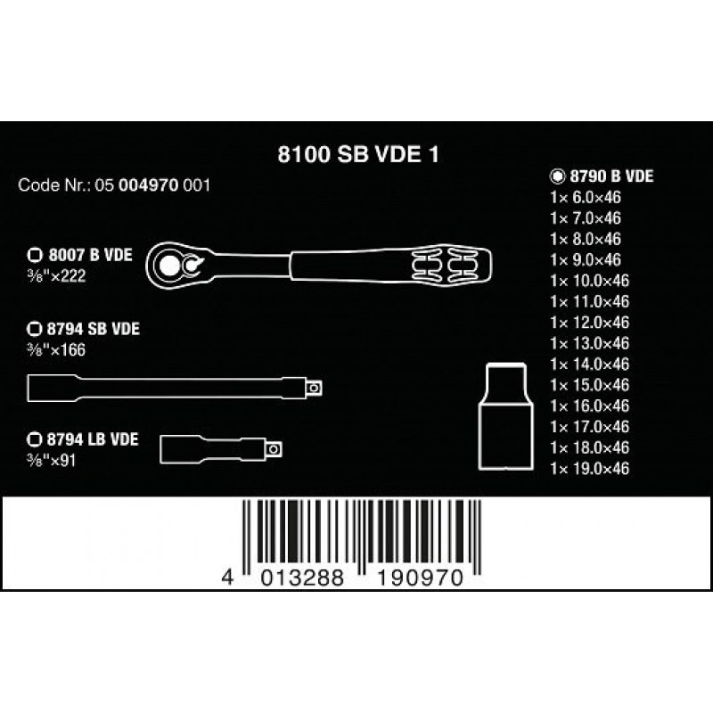 Набор из 17 изолированных головок VDE с трещоткой Zyklop 3/8, 8100 SB VDE 1, WERA [05004970001] 2go, метрические