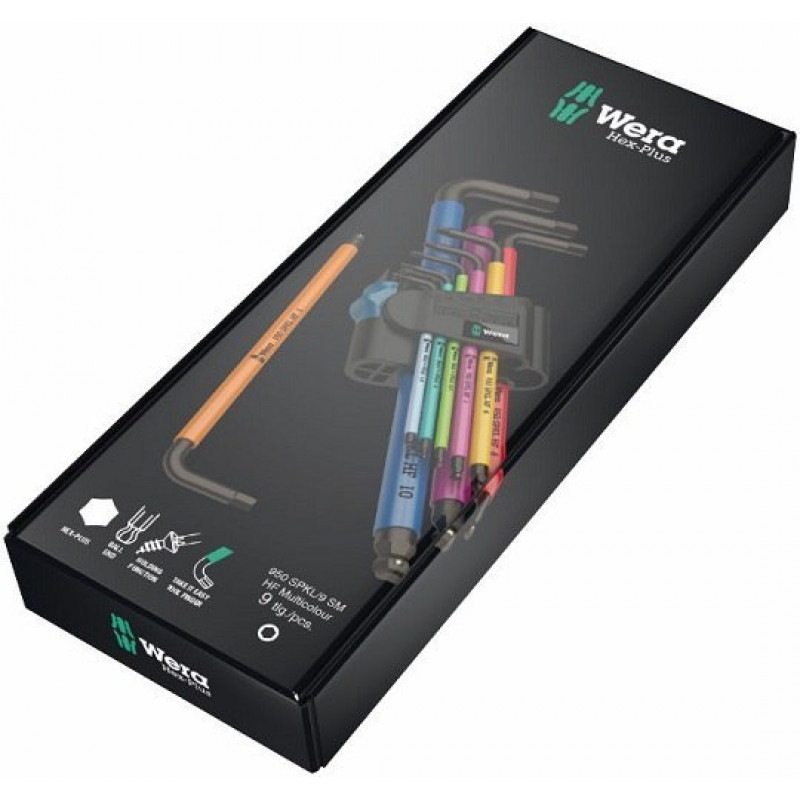Набор из 9 шестигранных ключей с шаровой головкой для шестигранных винтов, 950/9. Hex-Plus Multicolour HF 1 Wera.