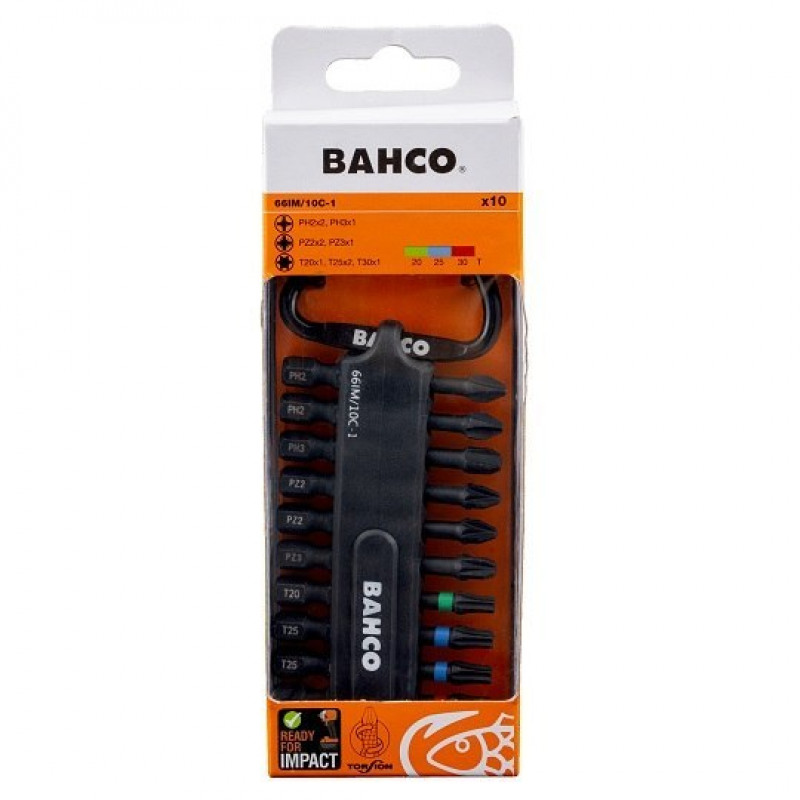 Набір ударних біт 1/4 дюйма для гвинтів Phillips, Pozidriv, TORX, 10 шт. BAHCO [66IM/10C-1]