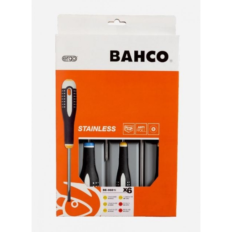Набор из 6 отверток ERGO из нержавеющей стали для плоских винтов и винтов PH, Bahco [BE-9881i]