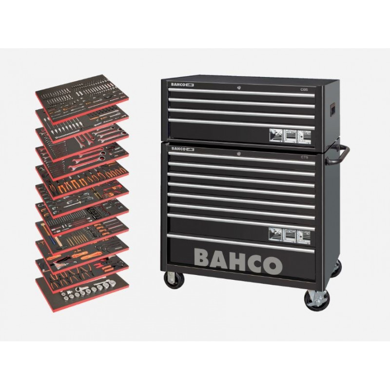 Візок для інструментів з 8 шухлядами та подовжувачем на 4 шухляди, 11 пінопластових вставок з інструментами, Bahco [MONSTER] RAL9005, 758 інструментів
