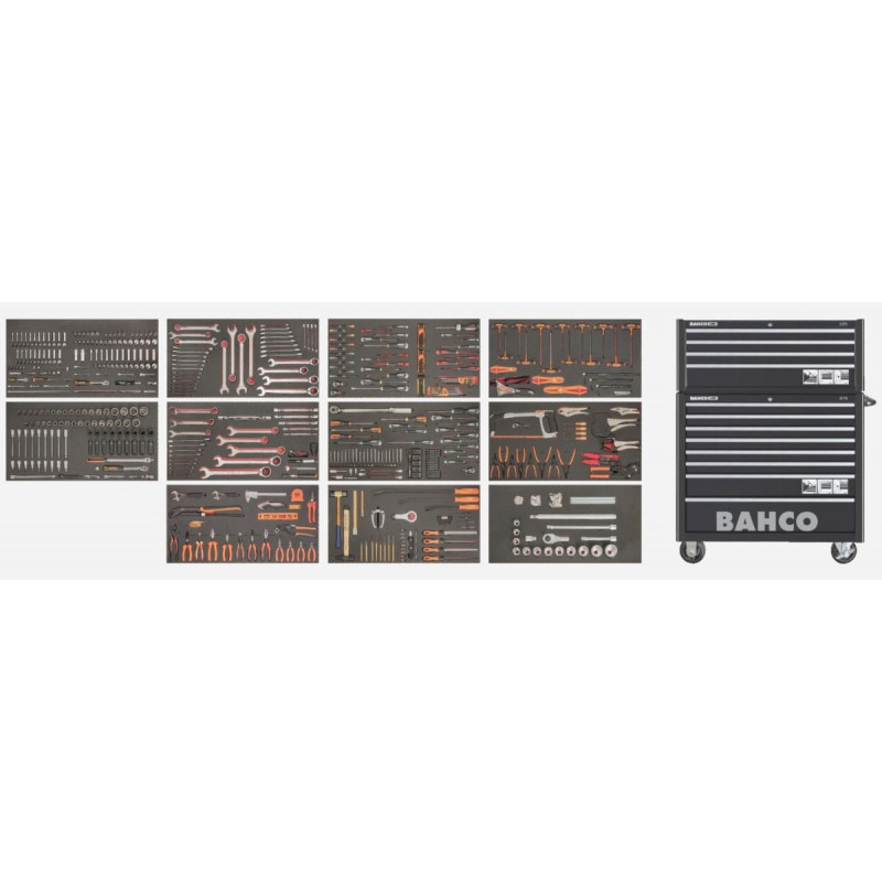 Візок для інструментів з 8 шухлядами та подовжувачем на 4 шухляди, 11 пінопластових вставок з інструментами, Bahco [MONSTER] RAL9005, 758 інструментів